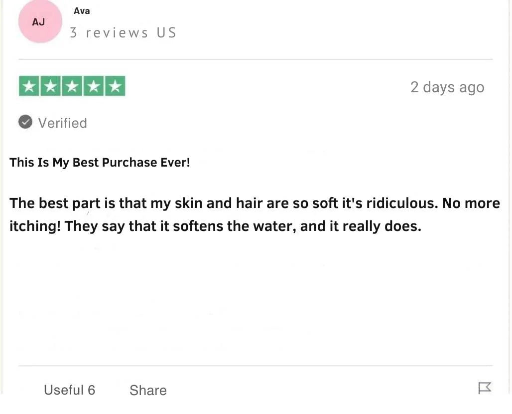 FlowMist customer review from Ava stating her skin and hair became noticeably softer, with reduced itching after using the FlowMist filtered showerhead.