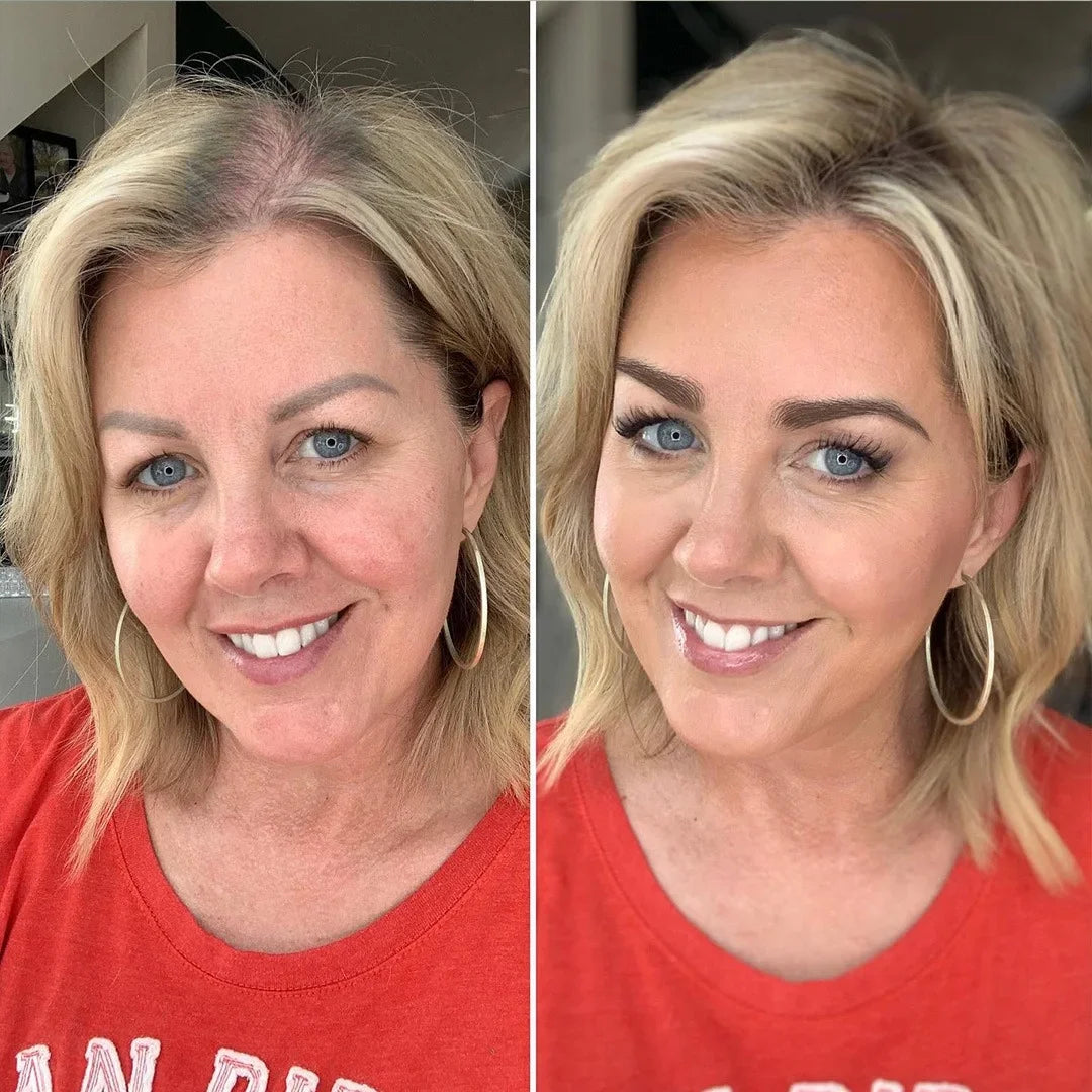 Before and after image showing visible hair improvement after using the FlowMist™ filtered showerhead, with enhanced shine and fullness.