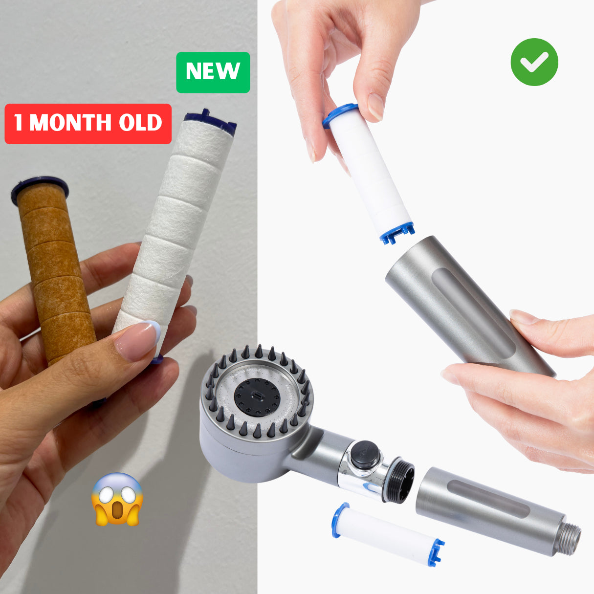 Comparison of a new and 1-month-old filter for the FlowMist™ filtered showerhead, showcasing the easy replacement process for better water quality and skin health