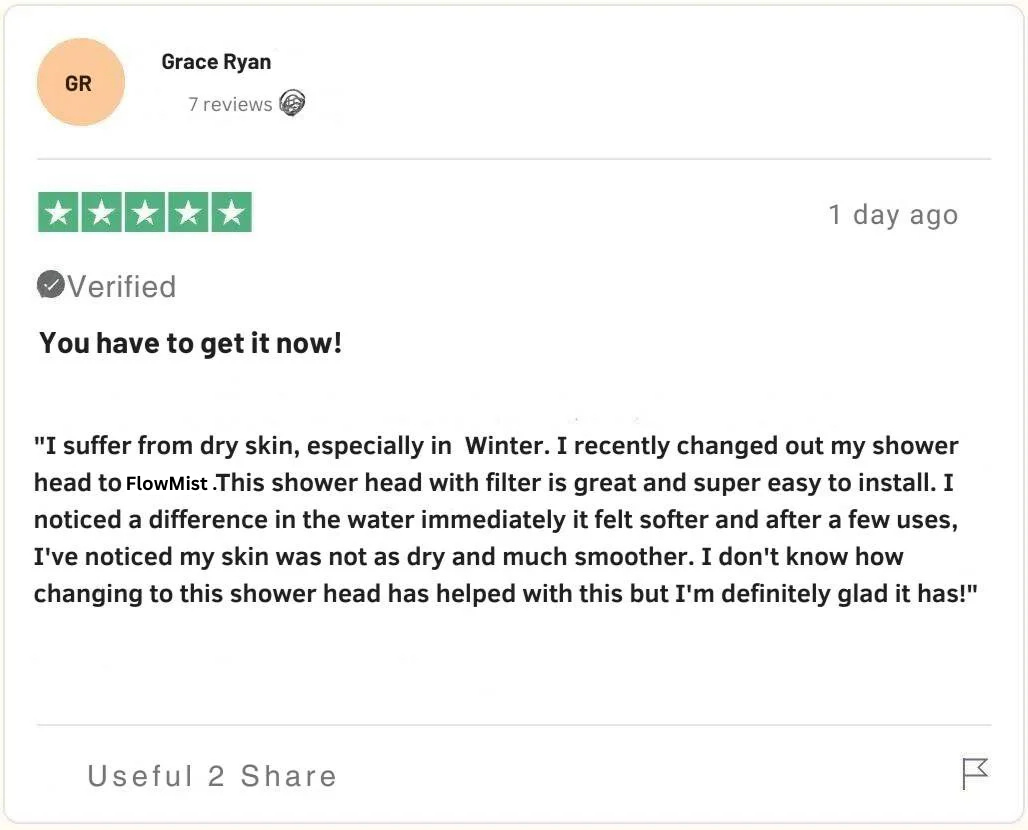 FlowMist customer review from Grace Ryan describing how the filtered showerhead softened her water, reduced winter dry skin, and improved smoothness after just a few uses.
