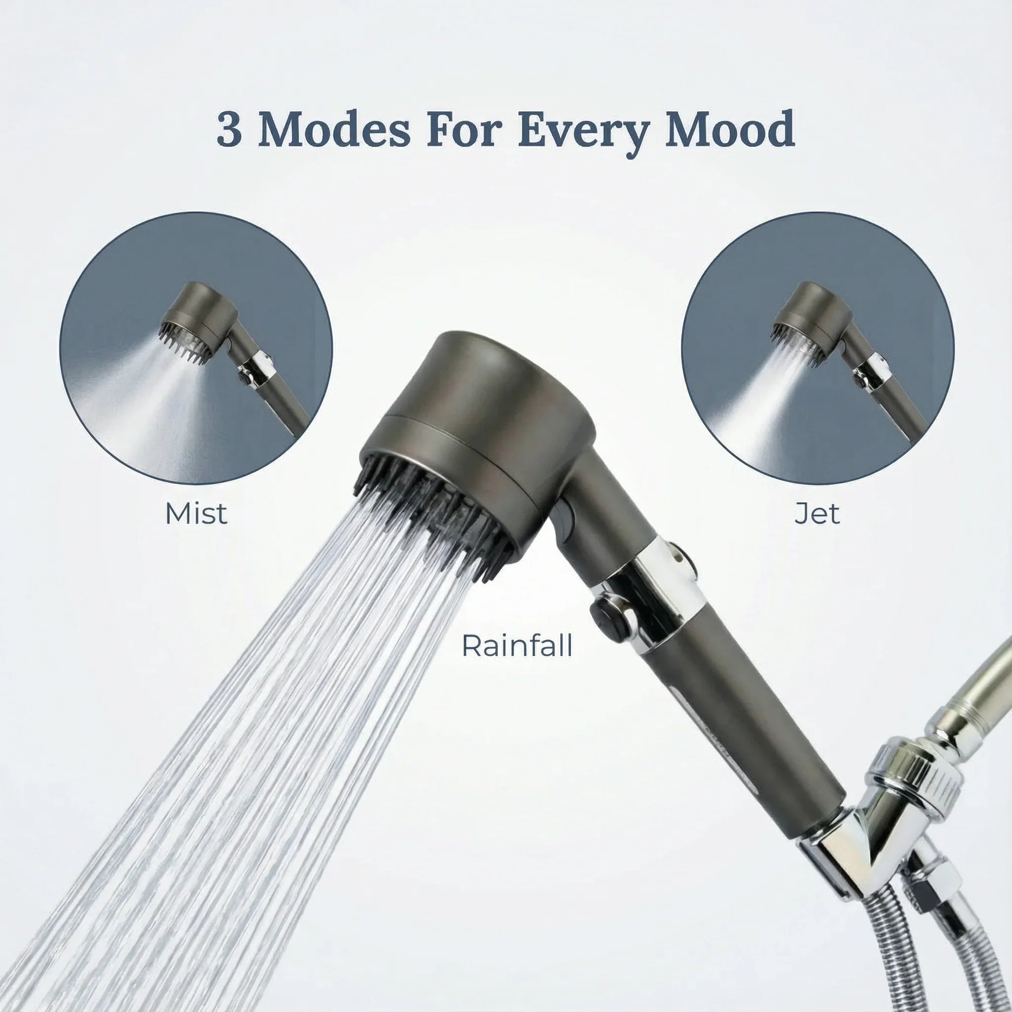 FlowMist showerhead showcasing three distinct water spray modes: Mist, Jet, and Rainfall. The image highlights the versatility of the showerhead with clear water flow differences for each mode.