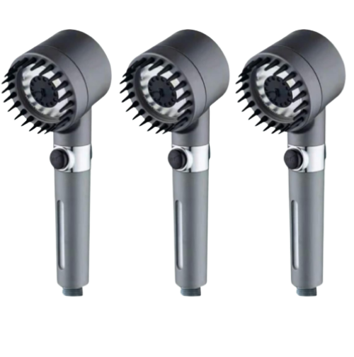 Three FlowMist high-pressure filtered showerheads displayed in a row, showing the front and side design.