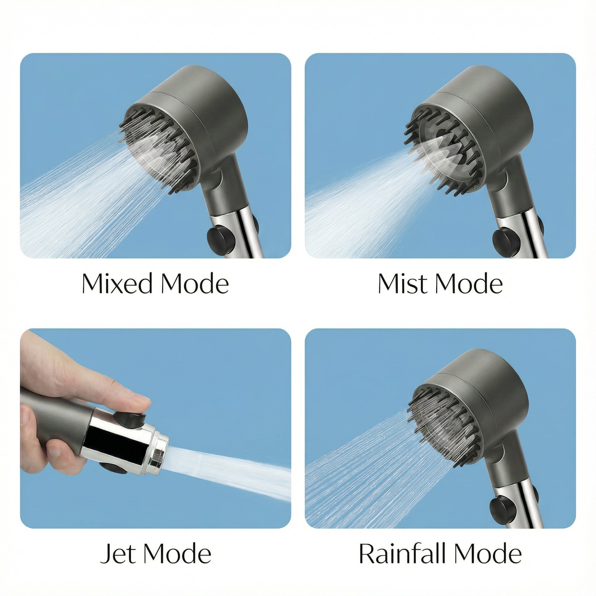 A showerhead displaying four different spray modes: Mixed, Mist, Jet, and Rainfall, with clear visual differences in water flow for each mode