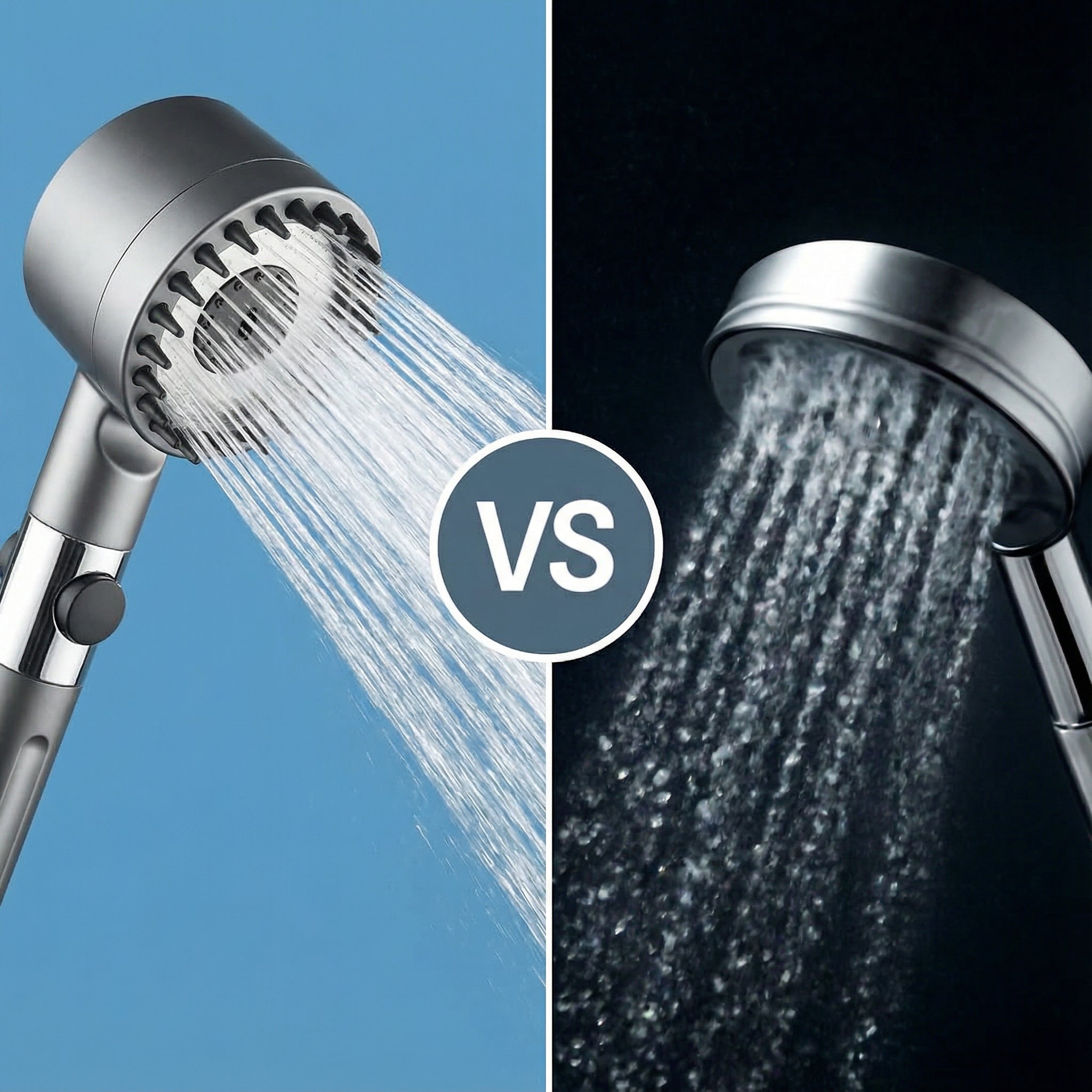 FlowMist high-pressure shower head vs standard shower head water output comparison